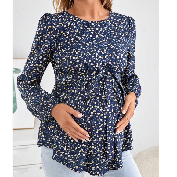 Maternity Rust Brown Floral Print Belted Long Sleeve Blouse - Picture 8 of 9